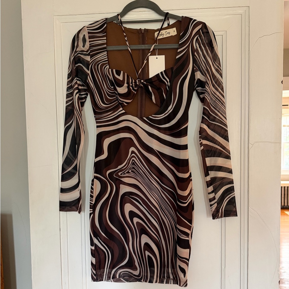 Swirl-Print Brown & Cream Long Sleeve Dress